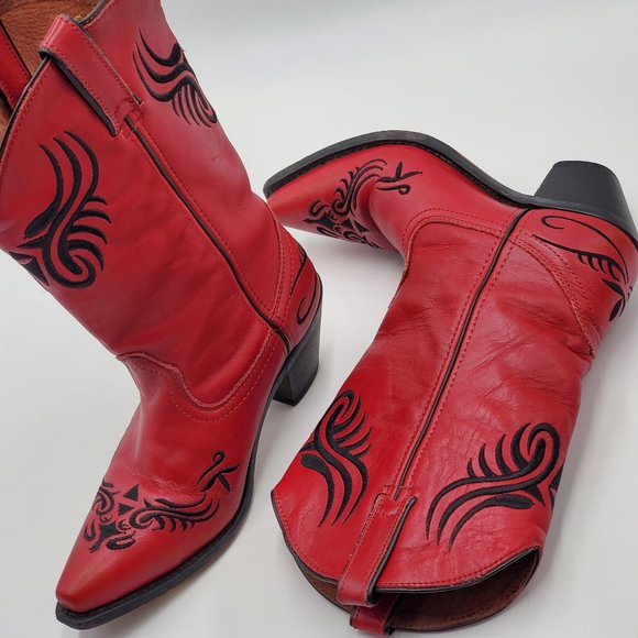 Red Leather Embroidered Cowboy Boots